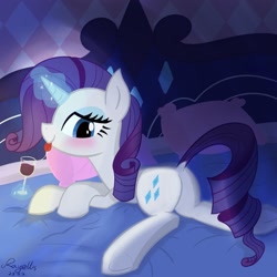 Size: 2048x2048 | Tagged: safe, artist:rayelli, rarity, pony, unicorn, g4, alcohol, bed, bedroom eyes, blushing, butt, cute, drool, drool string, female, glass, looking at you, lying down, magic, night, plot, raribetes, rearity, solo, tongue out, wine, wine glass