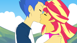 Size: 1500x845 | Tagged: safe, artist:daichigatari, flash sentry, sunset shimmer, equestria girls, g4, my little pony equestria girls: legend of everfree, female, kiss on the lips, kissing, male, ship:flashimmer, shipping, straight