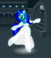 Size: 2004x2276 | Tagged: safe, artist:billy2345, oc, oc only, oc:amberlue, pony, spider, unicorn, semi-anthro, beautiful, bipedal, clothes, dancing, dress, female, followup, glowing, high res, horn, legs in air, mare, smiling, solo, spider web, unicorn oc