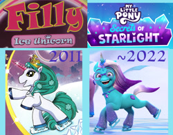 Size: 679x529 | Tagged: safe, edit, comet (g5), auroricorn, pony, unicorn, g5, my little pony: make your mark, my little pony: make your mark chapter 6, secrets of starlight, spoiler:g5, 2010s, 2022, 2d, 3d, bipedal, book, bootleg, cartoon, crown, cute, fantasy, filly (dracco), flower, glasses, glowing, glowing horn, happy, horn, ice, illustration, jewelry, looking at you, lore, male, necklace, regalia, render, similarities, skates, skating, smiling, smiling at you, snow, stallion, winter