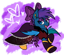 Size: 1298x1112 | Tagged: safe, artist:paperbagpony, oc, oc only, oc:stardust(cosmiceclipse), bat pony, bat pony oc, bow, clothes, crossdressing, dress, eyeshadow, femboy, hair bow, makeup, male, solo, stallion