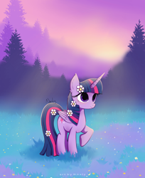 Size: 4000x4911 | Tagged: safe, artist:nnaly, twilight sparkle, alicorn, pony, g4, absurd resolution, blushing, cute, female, flower, flower in hair, folded wings, horn, mare, meadow, outdoors, raised hoof, signature, smiling, solo, tree, twiabetes, twilight sparkle (alicorn), wings