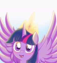 Size: 1975x2211 | Tagged: safe, artist:nnaly, twilight sparkle, alicorn, pony, g4, the last problem, blushing, crown, cute, female, high res, horn, jewelry, looking at you, mare, open mouth, open smile, regalia, signature, smiling, smiling at you, solo, spread wings, twiabetes, twilight sparkle (alicorn), wings