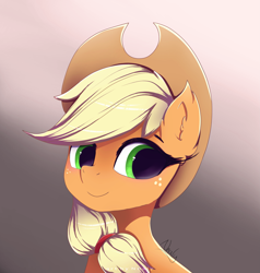 Size: 3813x4000 | Tagged: safe, artist:nnaly, applejack, earth pony, pony, g4, applejack's hat, bust, cowboy hat, cute, female, freckles, gradient background, hat, high res, jackabetes, mare, portrait, signature, smiling, solo