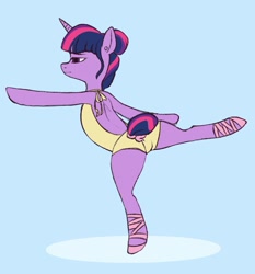 Size: 1855x1987 | Tagged: safe, artist:twilightsparkee, twilight sparkle, pony, unicorn, g4, alternate hairstyle, ballerina, bipedal, blue background, butt, female, lidded eyes, mare, plot, simple background, solo, standing, standing on one leg, tail, tail bun, twibutt, twilarina, unicorn twilight