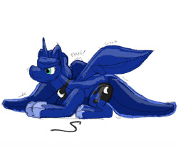 Size: 1280x1133 | Tagged: safe, artist:helioshigh, princess luna, alicorn, pony, g4, fetish, inflatable, inflatable fetish, inflatable suit, male, muffled words, onomatopoeia, ponysuit, rough, scrap, shiny, sound effects, stuck, transparent, trap (device), trapped