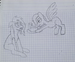 Size: 2048x1687 | Tagged: safe, artist:peel_a_na, oc, oc only, oc:zombie mare, earth pony, pegasus, pony, undead, zombie, zombie pony, duo, female, flying, glass, graph paper, grayscale, hoof hold, mare, monochrome, serving tray, traditional art, water