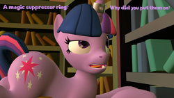 Size: 3840x2160 | Tagged: safe, artist:olkategrin, twilight sparkle, pony, unicorn, comic:no moaning in the library, g4, 3d, bent over, book, bookshelf, butt, comic, dialogue, english, female, golden oaks library, half-closed eyes, high res, large butt, looking at self, looking at something, looking up, magic, magic suppression, mare, open mouth, room, sitting, source filmmaker, surprised, tail, tail aside, talking, talking to herself, teeth, text