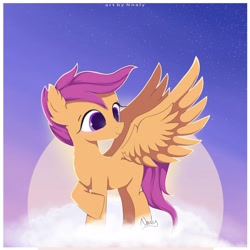 Size: 4100x4094 | Tagged: safe, artist:nnaly, scootaloo, pegasus, pony, g4, absurd resolution, blank flank, blushing, cloud, ear fluff, female, filly, foal, large wings, looking back, on a cloud, scootaloo can fly, signature, smiling, solo, spread wings, wings