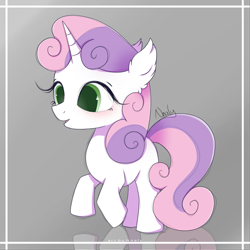 Size: 3500x3500 | Tagged: safe, artist:nnaly, sweetie belle, pony, unicorn, g4, blank flank, blushing, ear fluff, female, filly, foal, high res, horn, open mouth, open smile, reflection, signature, smiling, solo