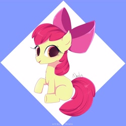 Size: 4000x4000 | Tagged: safe, artist:nnaly, apple bloom, earth pony, pony, g4, abstract background, absurd resolution, apple bloom's bow, blank flank, blushing, bow, female, filly, foal, hair bow, long eyelashes, looking at you, signature, sitting, smiling, smiling at you, solo, tongue out