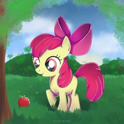 Size: 2000x2000 | Tagged: safe, artist:nnaly, apple bloom, earth pony, pony, g4, adorabloom, apple, apple bloom's bow, apple tree, blank flank, bow, cute, female, filly, foal, food, hair bow, high res, open mouth, outdoors, raised hoof, signature, solo, tree