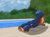 Size: 2732x2048 | Tagged: safe, artist:single purpose, oc, oc:skidfin, earth pony, pony, chair, earth pony oc, eyes closed, high res, male, red eyes, relaxing, solo, stallion, swimming pool, towel