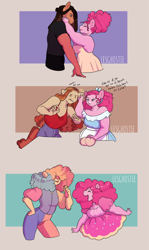 Size: 2000x3345 | Tagged: safe, artist:lesghostie, pinkie pie, oc, oc:guadalupe poppy corn pie, oc:james jester pie, oc:simon cinnamon pie, earth pony, anthro, g4, bare shoulders, beige background, clown, clown nose, ear pull, female, freckles, hair over eyes, height difference, high res, male, mare, mother and child, mother and daughter, mother and son, offspring, parent:cheese sandwich, parent:pinkie pie, parents:cheesepie, red nose, simple background, spanish, stallion, tongue out