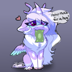 Size: 2000x2000 | Tagged: safe, artist:skyboundsiren, oc, oc only, oc:siren andromeda, alien, alien pony, blushing, chest fluff, cloven hooves, cute, female, floppy ears, high res, horn, looking up, mare, money, signature, sketch, smiling, text, unshorn fetlocks, wings