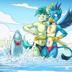 Size: 3070x3070 | Tagged: safe, artist:mysticalpha, gallus, ocellus, sandbar, earth pony, fish, griffon, shark, anthro, g4, belly button, chest fluff, clothes, crotch bulge, disguise, disguised changeling, female, high res, male, male nipples, nipples, partial nudity, prank, scared, speedo, surprised, swimsuit, topless, varying degrees of want
