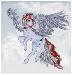 Size: 3700x3830 | Tagged: safe, artist:hysteriana, oc, oc:horror bittersweet, pegasus, pony, anime style, chest fluff, cloud, commission, cute, day, detailed, detailed background, detailed hair, digital art, ear fluff, ear piercing, electricity, feather, flying, full body, high res, light skin, male, phone drawing, piercing, red eyes, sky, solo, spread wings, stallion, tail, wings