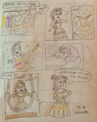 Size: 400x502 | Tagged: safe, artist:13mcjunkinm, sweetie belle, human, equestria girls, g4, alternate hairstyle, amazed, beauty and the beast, belle, clothes, dialogue, dizzy, dress, fall formal outfits, female, gown, grin, mirror, namesake, pun, smiling, solo, story included, surprised, traditional art, transformation, transforming clothes, visual pun