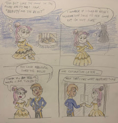 Size: 400x417 | Tagged: safe, artist:13mcjunkinm, button mash, sweetie belle, human, equestria girls, g4, alternate hairstyle, beauty and the beast, belle, clothes, dress, female, gown, holding hands, humanized, looking at each other, looking at someone, male, namesake, pondering, pun, ship:sweetiemash, shipping, smiling, smiling at each other, story included, straight, suit, traditional art, visual pun