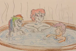Size: 400x272 | Tagged: safe, artist:13mcjunkinm, rainbow dash, scootaloo, windy whistles, human, equestria girls, g4, ^^, adopted, adopted offspring, eyes closed, family, female, freckles, hot tub, humanized, mother and child, mother and daughter, open mouth, open smile, parent:windy whistles, scootadoption, siblings, sisters, smiling, traditional art
