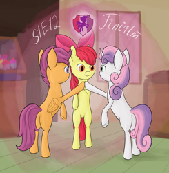 Size: 2338x2387 | Tagged: safe, artist:finirim, apple bloom, scootaloo, sweetie belle, earth pony, pegasus, pony, unicorn, call of the cutie, g4, butt, cutie mark crusaders, female, filly, foal, high res, plot, trio