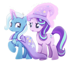 Size: 2078x1856 | Tagged: safe, artist:nnaly, starlight glimmer, trixie, pony, unicorn, g4, accessory swap, brooch, cape, clothes, duo, duo female, female, glowing, glowing horn, hat, horn, jewelry, levitation, looking at each other, looking at someone, magic, magic aura, mare, raised hoof, signature, simple background, smiling, sparkles, telekinesis, the great and powerful, transparent background, trixie's brooch, trixie's cape, trixie's hat, wizard hat