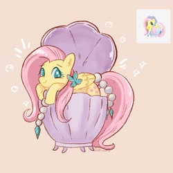 Size: 1771x1771 | Tagged: safe, artist:haibiscuits, fluttershy, pegasus, pony, g4, beige background, clam, cute, daaaaaaaaaaaw, female, looking at you, mare, pearl, screencap reference, shyabetes, simple background, smiling, smiling at you, solo, toy interpretation