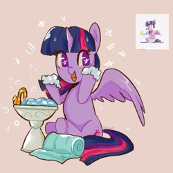 Size: 1731x1731 | Tagged: safe, artist:haibiscuits, twilight sparkle, alicorn, pony, g4, beige background, cute, female, mare, screencap reference, simple background, sink, sitting, solo, starry eyes, suds, towel, toy interpretation, twiabetes, twilight sparkle (alicorn), wingding eyes