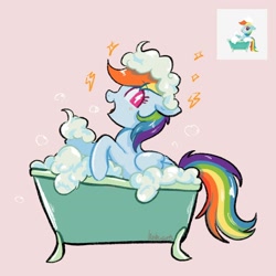 Size: 1850x1850 | Tagged: safe, artist:haibiscuits, rainbow dash, pegasus, pony, g4, bathtub, cute, dashabetes, female, mare, pink background, screencap reference, simple background, solo, suds, toy interpretation, wingding eyes