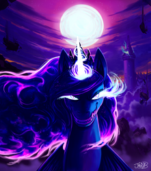 Size: 4390x4961 | Tagged: safe, artist:jowyb, princess luna, alicorn, pony, g4, absurd resolution, bust, female, full moon, glowing, glowing eyes, glowing horn, horn, implied nightmare moon, looking at you, mare, mid-transformation, moon, sharp teeth, sinister smile, smiling, smiling at you, solo, teeth