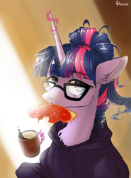 Size: 1239x1671 | Tagged: safe, artist:rover, artist:rrrover, sci-twi, twilight sparkle, alicorn, pony, g4, bread, coffee, coffee mug, eating, female, food, glasses, herbivore, looking at you, magic, mare, mug, solo, telekinesis, toast, twilight sparkle (alicorn)