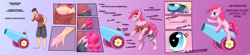 Size: 8000x1750 | Tagged: safe, artist:lysdiethyl, pinkie pie, earth pony, human, pony, g4, clothes, dialogue, eye color change, eyes rolling back, female, gradient background, high res, human male, human to pony, hypno eyes, male, male to female, mare, mental shift, open mouth, party cannon, ripping clothes, shirt, shorts, smiling, speech change, text, thinking, transformation, transformation sequence, transgender transformation