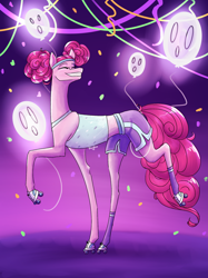 Size: 1024x1366 | Tagged: safe, artist:starshine74, pinkie pie, earth pony, pony, g4, balloon, clothes, confetti, costume, eyes closed, grin, nightmare night costume, pinkie puffs, roller skates, skates, smiling, solo