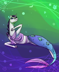 Size: 1024x1234 | Tagged: safe, artist:starshine74, rarity, mermaid, pony, unicorn, g4, abstract background, clothes, costume, female, gradient background, lying down, mare, mermarity, nightmare night costume, on side, solo