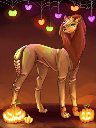 Size: 1024x1366 | Tagged: safe, artist:starshine74, applejack, earth pony, pony, g4, animal costume, applelion, clothes, costume, female, gradient background, halloween, holiday, jack-o-lantern, looking up, mare, nightmare night costume, pumpkin, solo