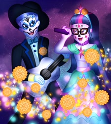 Size: 1270x1410 | Tagged: safe, artist:corlycolor, flash sentry, sci-twi, twilight sparkle, human, equestria girls, g4, acoustic guitar, catrina (calavera garbancera), clothes, dia de los muertos, dress, duo, duo male and female, female, flower, guitar, male, microphone, musical instrument, ship:flashlight, ship:sci-flash, shipping, straight, suit