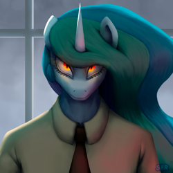 Size: 3000x3000 | Tagged: safe, artist:suhar, princess celestia, alicorn, anthro, g4, clothes, creepy, female, glowing, glowing eyes, high res, horn, looking at you, multicolored mane, necktie, serious, serious face, shirt, solo, window