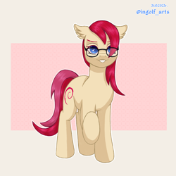 Size: 2250x2250 | Tagged: safe, artist:ingolf arts, earth pony, pony, cute, debian, ear fluff, eyebrows, female, floppy ears, glasses, high res, linux, looking at you, mare, ponified, raised hoof, simple background, smiling, solo
