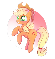 Size: 1796x1921 | Tagged: safe, artist:nnaly, applejack, earth pony, pony, g4, abstract background, applejack's hat, blushing, cowboy hat, cute, female, gradient background, hat, jackabetes, mare, rearing, signature, simple background, smiling, solo, transparent background