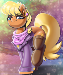 Size: 938x1121 | Tagged: safe, artist:llametsul, ms. harshwhinny, earth pony, pony, g4, clothes, colored, cute, ear piercing, earring, female, jewelry, looking at you, looking down, looking down at you, mare, piercing, signature, socks, solo, stockings, thigh highs