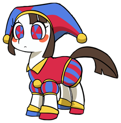 Size: 4329x4423 | Tagged: safe, artist:doublewbrothers, edit, doll pony, earth pony, object pony, original species, pony, animate object, blushing, chibi, crossover, cute, doll, female, full body, hat, jester, jester hat, jester outfit, living doll, mare, pomni, ponified, ponmi, simple background, solo, sticker, swirly eyes, the amazing digital circus, toy, transparent background, youtube link