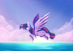 Size: 2580x1813 | Tagged: safe, artist:nnaly, twilight sparkle, alicorn, pony, g4, cloud, female, flying, high res, horn, mare, ocean, open mouth, open smile, profile, signature, sky, smiling, solo, spread wings, stars, sun, twilight sparkle (alicorn), water, wings