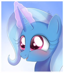 Size: 2000x2260 | Tagged: safe, artist:nnaly, trixie, pony, unicorn, g4, blushing, bust, cute, diatrixes, female, glowing, glowing horn, high res, horn, magic, magic aura, mare, open mouth, open smile, portrait, signature, smiling, solo, sparkly eyes, wingding eyes