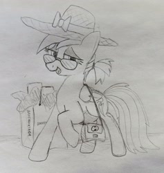 Size: 2491x2627 | Tagged: safe, artist:dhm, rainbow dash, pegasus, pony, g4, faic, glasses, hat, high res, monochrome, shopping, sketch, smug, smugdash, solo, traditional art