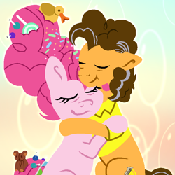 Size: 800x800 | Tagged: safe, artist:lindasaurie, derpibooru exclusive, cheese sandwich, pinkie pie, earth pony, pony, g4, abstract background, candy, cheek squish, clothes, duo, duo male and female, eyes closed, female, food, hair accessory, height difference, hug, lineless, lollipop, love, male, mare, older, older cheese sandwich, older cheesepie, older pinkie pie, plushie, rubber duck, ship:cheesepie, shipping, shirt, smiling, squishy cheeks, stallion, straight, teddy bear