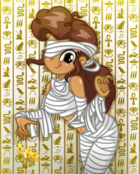 Size: 2015x2490 | Tagged: safe, artist:rjp.rammy, oc, oc:christina, equestria girls, g4, clothes, costume, egyptian, female, halloween, halloween costume, hieroglyphics, high res, licking, licking lips, mummy costume, solo, tongue out