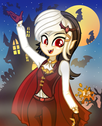Size: 2015x2490 | Tagged: safe, artist:rjp.rammy, oc, oc:alicia satrina, bat, undead, vampire, equestria girls, g4, cape, castle, clothes, dracula, fangs, female, halloween, high res, holiday, solo