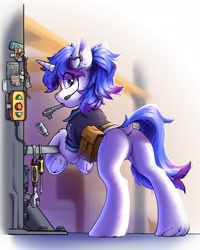 Size: 1396x1741 | Tagged: safe, artist:ravistdash, oc, oc only, pony, unicorn, bag, bipedal, bipedal leaning, butt, dock, featureless crotch, female, headset, leaning, mare, mechanic, mouth hold, plot, saddle bag, screwdriver, solo, tail, wrench