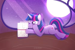 Size: 3000x2000 | Tagged: safe, artist:nnaly, twilight sparkle, pony, unicorn, g4, adorkable, book, cute, dork, female, full moon, golden oaks library, high res, horn, indoors, lying down, mare, moon, night, night sky, prone, reading, signature, sky, smiling, solo, stars, twiabetes, unicorn twilight, window