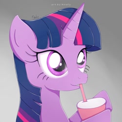 Size: 2000x2000 | Tagged: safe, artist:nnaly, twilight sparkle, pony, g4, cute, drink, drinking, drinking straw, female, gradient background, high res, horn, mare, signature, solo, straw, twiabetes
